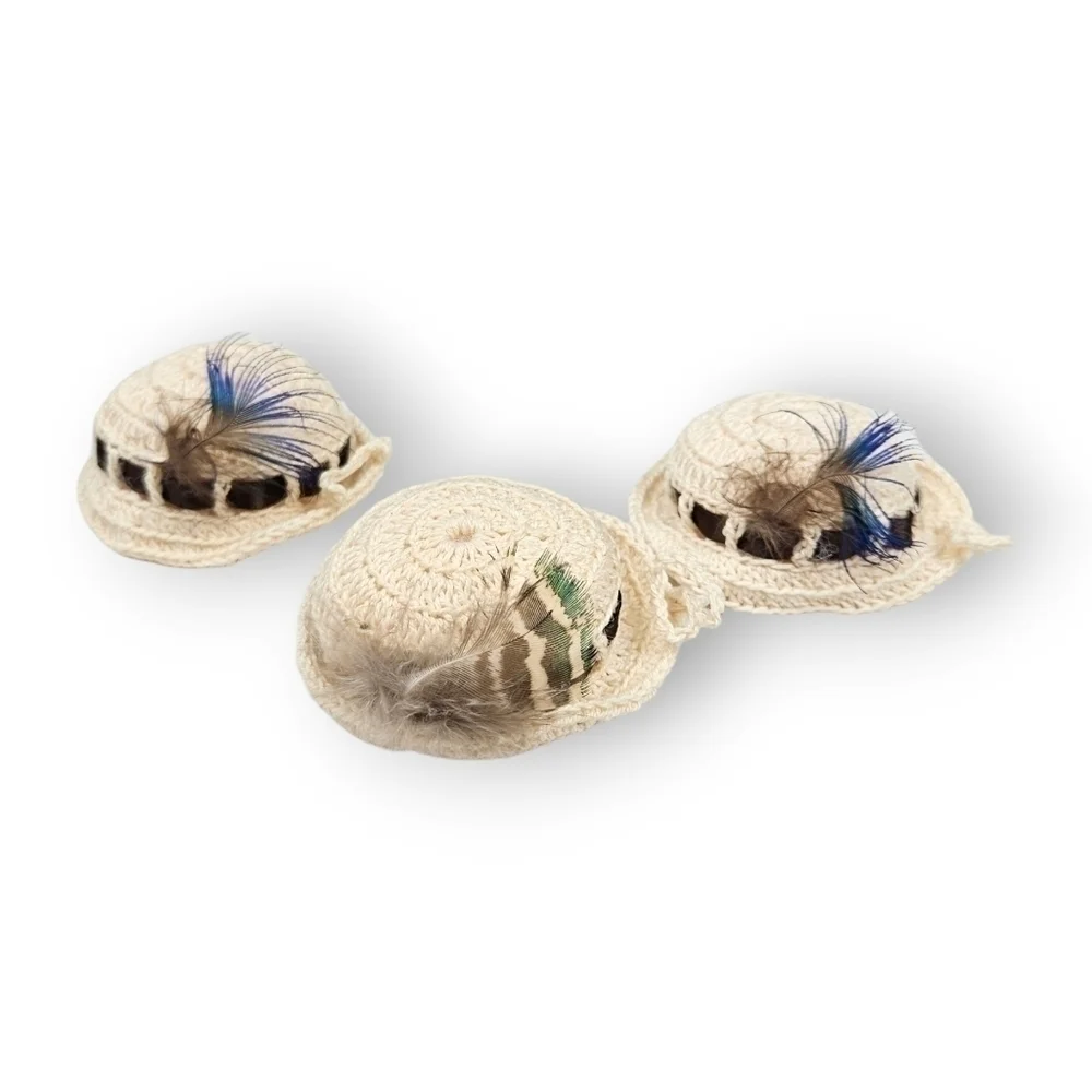 Vintage Hat Pincushion Ornament Lot Of 3 Feather Crocheted Handmade ~2.5